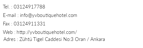 Yv Boutique Hotel telefon numaralar, faks, e-mail, posta adresi ve iletiim bilgileri